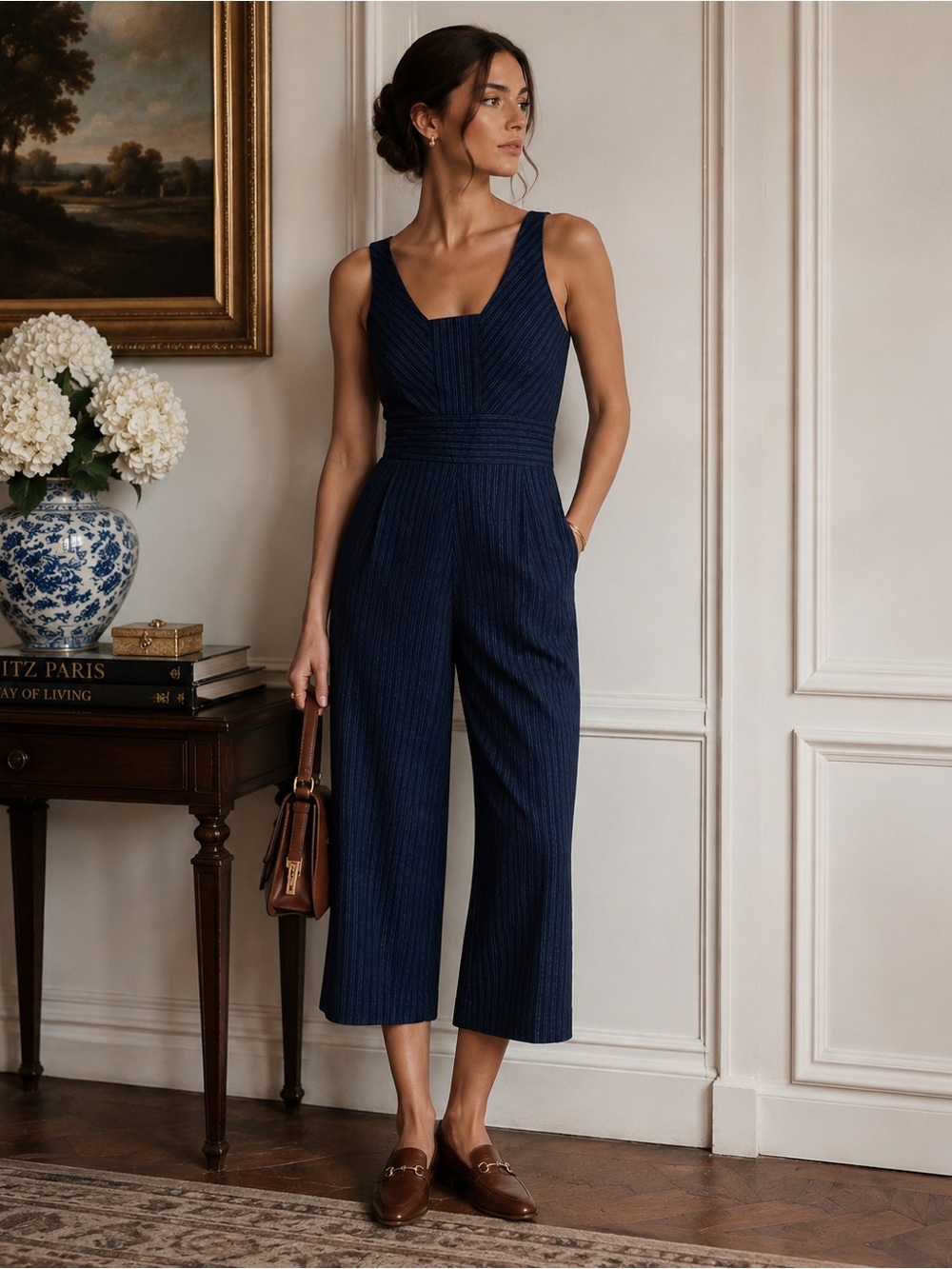 Banana Republic Blue Sleeveless V-Neck Wide-Leg Jumpsuit